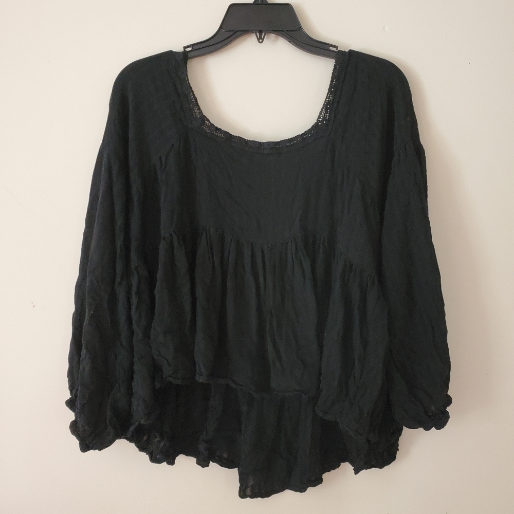 Eesome Cropped Black Flowy Boho Top Tied Open Back Half Sleeve Size Large